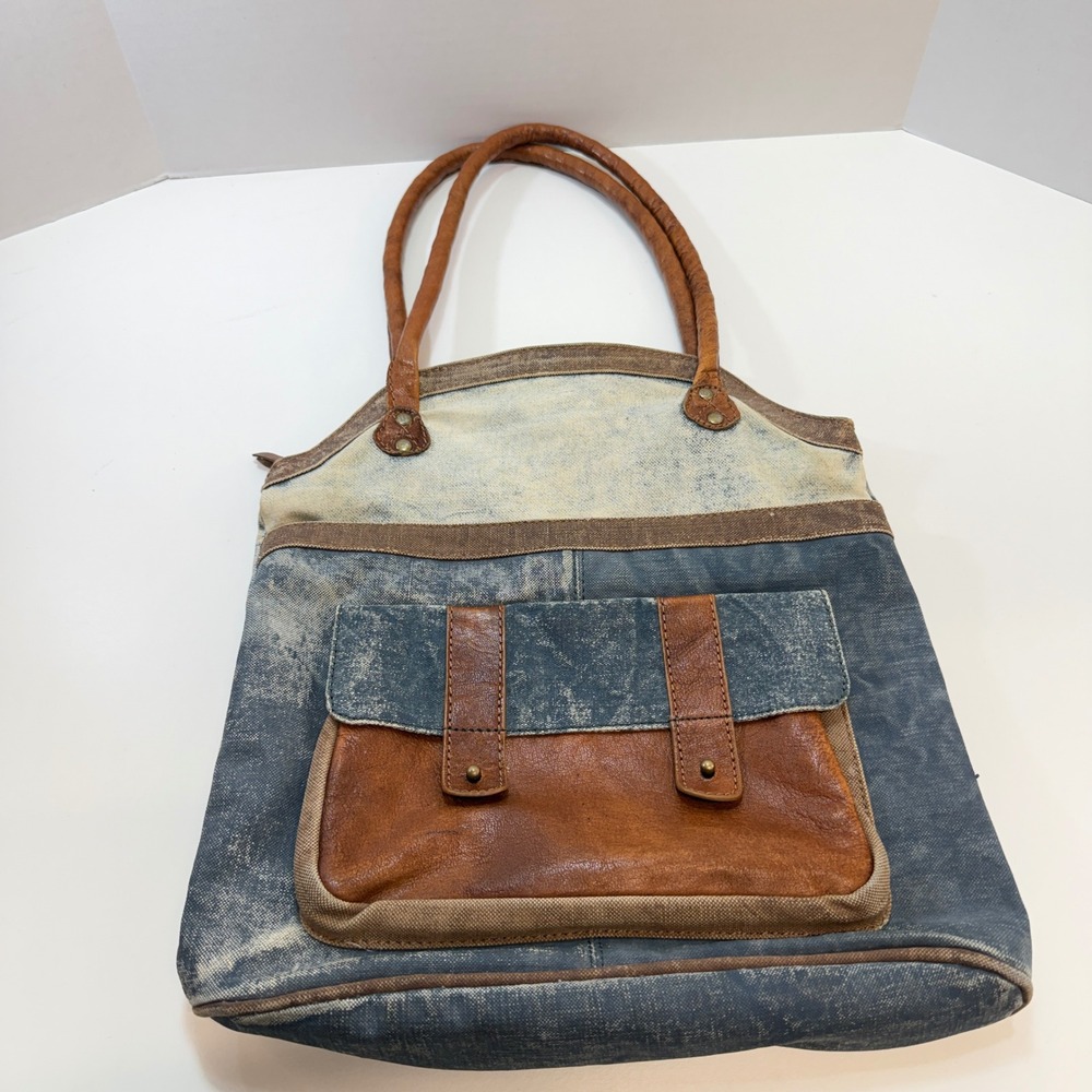 Mona‎ B Tote Bag Large Blue Upcycled Canvas Leather Trim Distressed